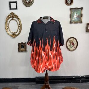 Vintage Flame Print Button-Up Shirt – Black & Red Fire Graphic – Men's 3XL